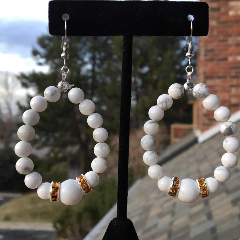 White and Orange Howlite Hoop Earrings